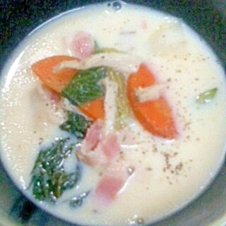 小松菜とベーコンの豆乳スープ